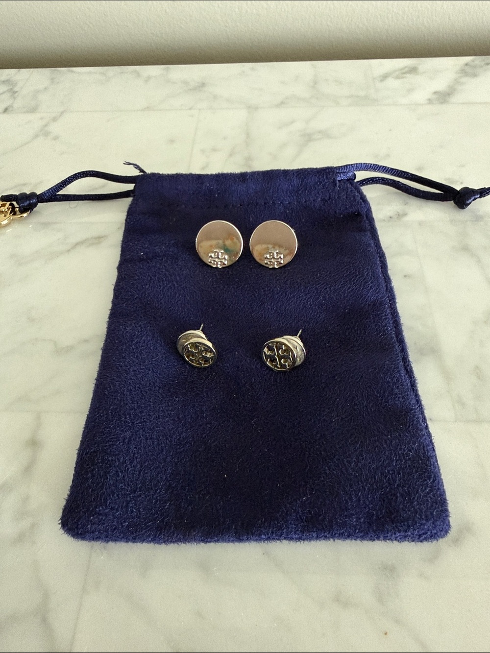 Two pair Tory Burch Logo Stud Earrings Set Silver